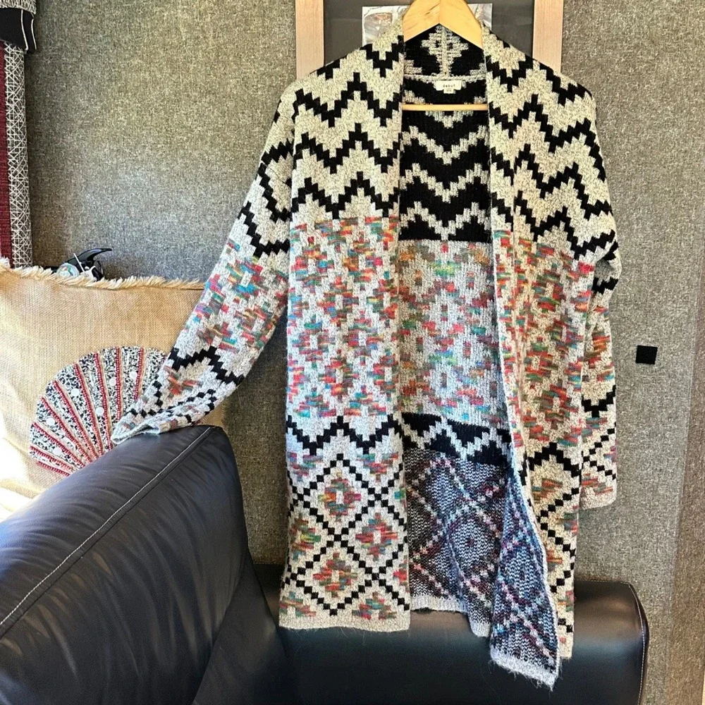 Debut Southwestern‎ Geometric Open Front Knit Cardigan Vibrant Colors Bohemian